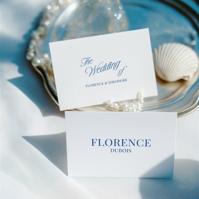 Mesa Tarjeta de lugar de boda azul y blanco clásica ele (Elegant Classic Blue & White Wedding Place Card)