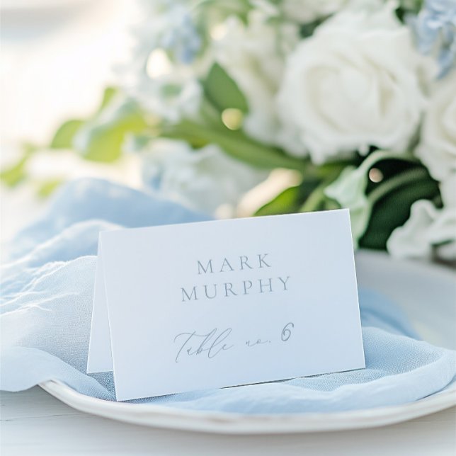 Mesa Tarjeta de lugar de boda con caligrafía en azul po (Dusty Blue & White Calligraphy Wedding Place Card)