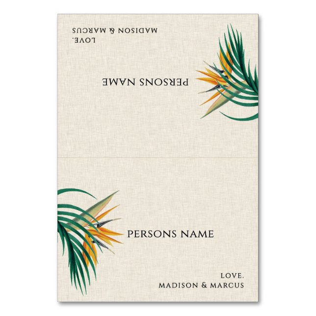 Mesa Tarjeta de lugar de boda con flores tropicales ele (Anverso)