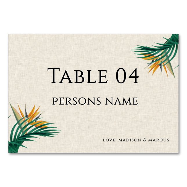 Mesa Tarjeta de lugar de boda con flores tropicales ele (Anverso)