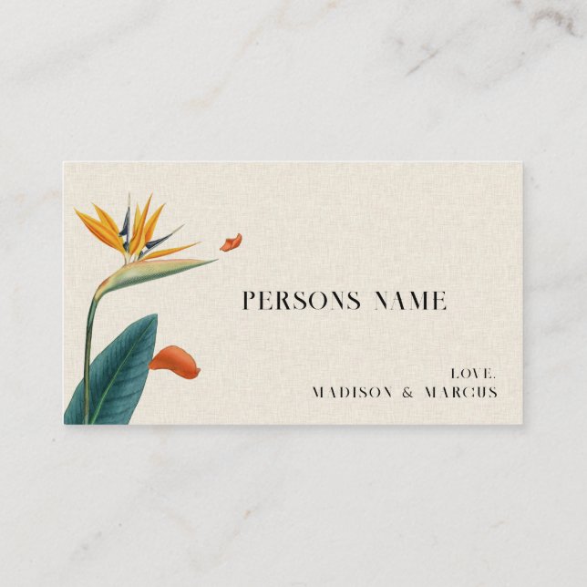 Mesa Tarjeta de lugar de boda con flores tropicales ele (Reverso)