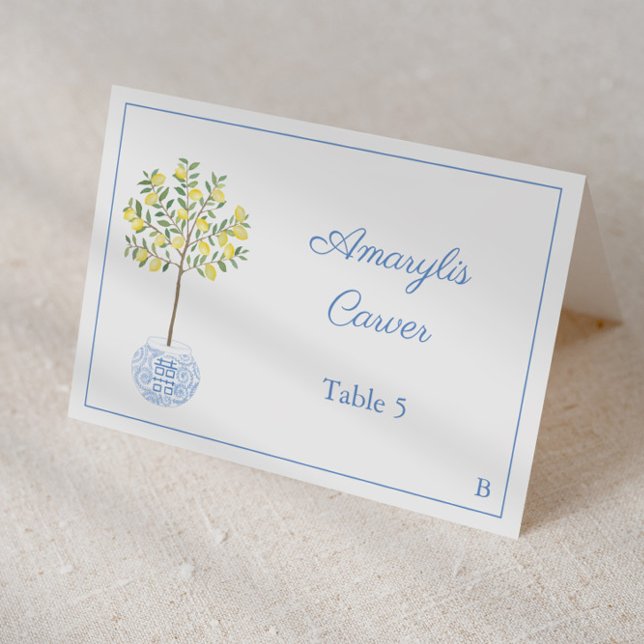 Mesa Tarjeta de lugar de boda con tema de limonero eleg (Individual place cards for wedding or baby boy shower featuring lemon tree in chinoiserie planter)
