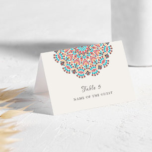 Mesa Tarjeta de lugar de boda de mandala floral turques