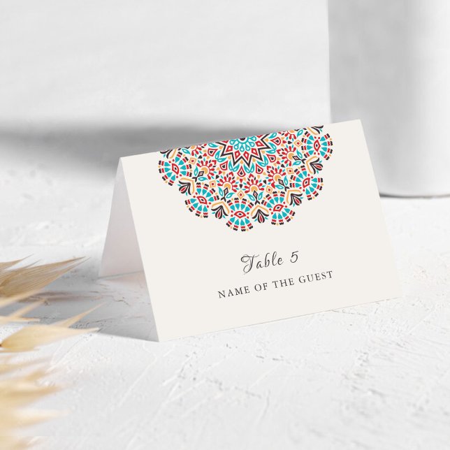 Mesa Tarjeta de lugar de boda de mandala floral turques (Subido por el creador)
