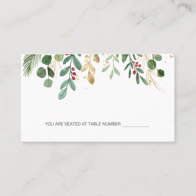 Mesa Tarjeta de lugar de boda de Navidad con follaje ve (Anverso)