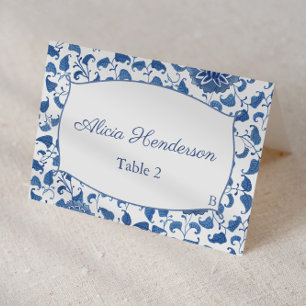 Mesa Tarjeta de lugar de boda floral azul y blanco eleg