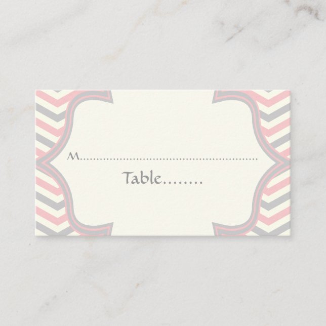 Mesa Tarjeta de lugar de boda rosa, chevron gris, zigza (Anverso)