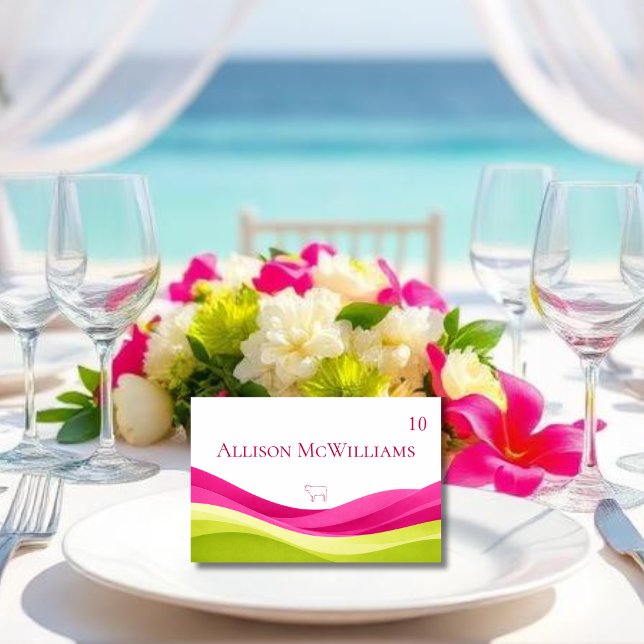 Mesa Tarjeta de lugar de carne de boda fucsia y verde l (Fuchsia and Lime Green Wedding Table Number Meal Icon Meat)