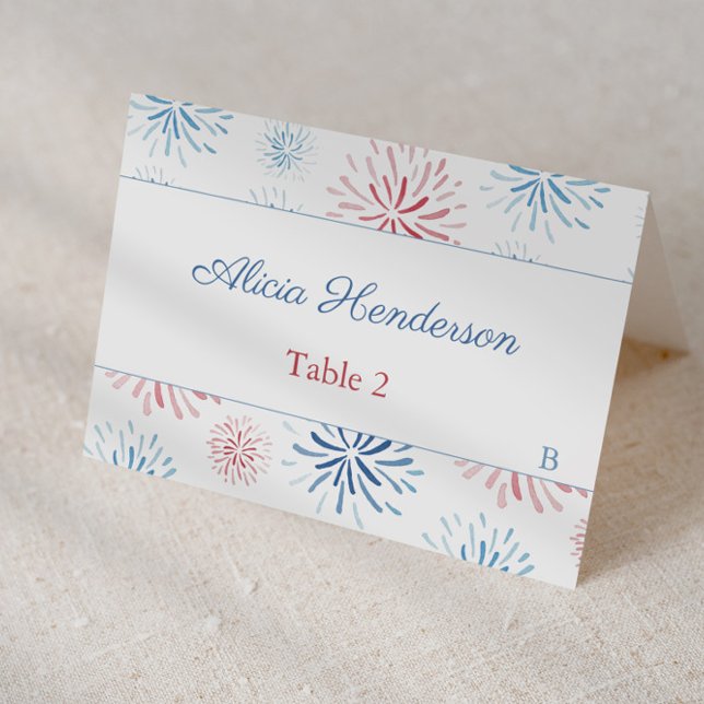 Mesa Tarjeta de lugar de fuegos artificiales del 4 de j (Individual place card design featuring red white and blue firework bursts)