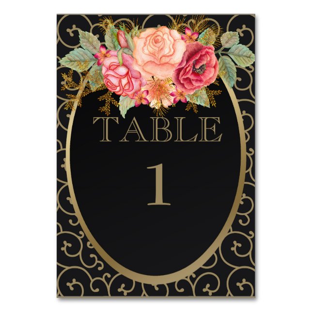 Mesa Tarjeta de lugar de recepción de oro negro con ros (Anverso)