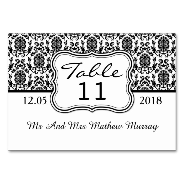 Mesa Tarjeta de lugar de tabla de damasco blanco y negr (Anverso)