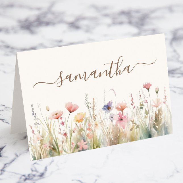 Mesa Tarjeta de lugar individual de pradera de acuarela (Watercolor Meadow Wildflower Individual Place Cards)