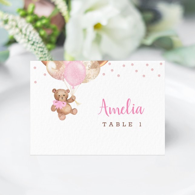 Mesa Tarjeta de lugar para Baby Shower de Osito de Pelu (Teddy Bear Rose Gold Balloons Baby Shower Place Card)