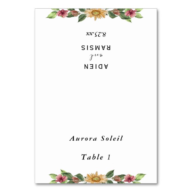 Mesa Tarjeta de lugar plegable Boho Sunflower Boda (Anverso)