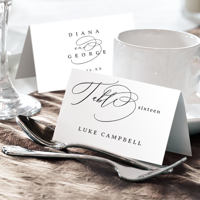 Mesa Tarjeta de lugar plegable de boda con letra de rem (Elegant Swirl Script Wedding Foldable Place Card)