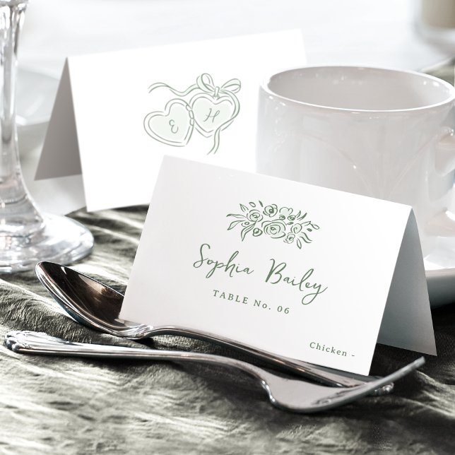 Mesa Tarjeta de lugar plegable floral dibujada a mano c (Sage Hand Drawn Floral Foldable Place Card)