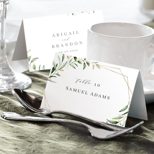 Mesa Tarjeta de lugar plegable geométrica de verde mode (Modern Greenery Gold Geometric Foldable Place Card)