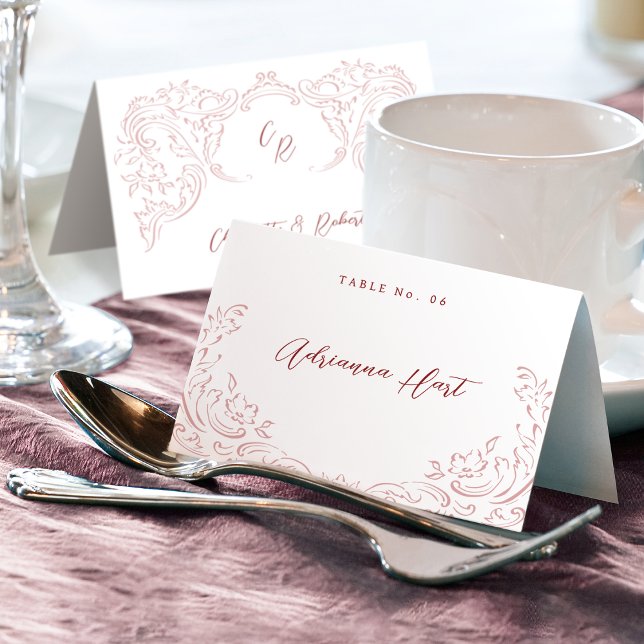 Mesa Tarjeta de lugar plegable plegable con brillo de v (Pink Sketched Vintage Flourish Foldable Place Card)