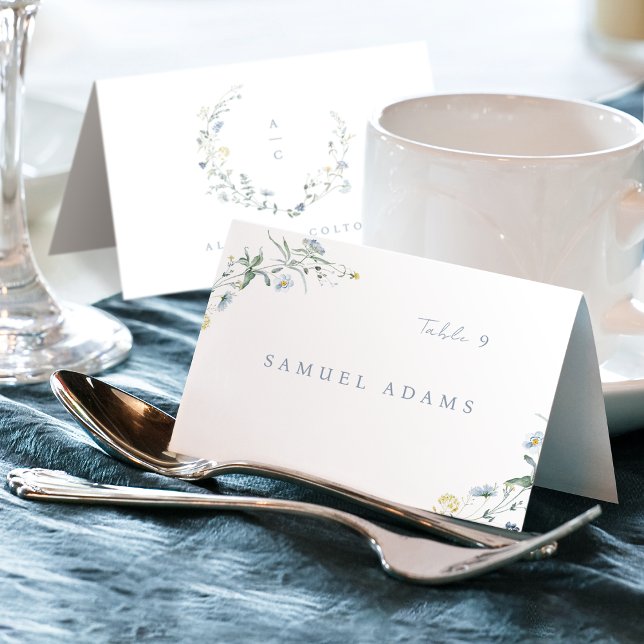 Mesa Tarjeta de lugar plegable rústica boho de flor sil (Blue Wildflower Rustic Boho Foldable Place Card)