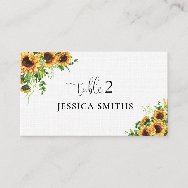 Mesa Tarjeta de lugar plegada de boda con flores amaril (Anverso)