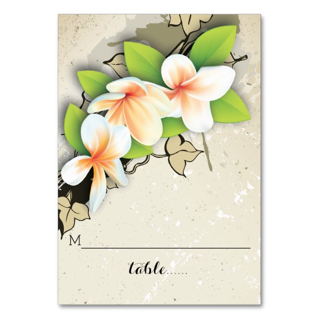 Mesa Tarjeta de lugar plegado de boda beige de plumeria (Anverso)