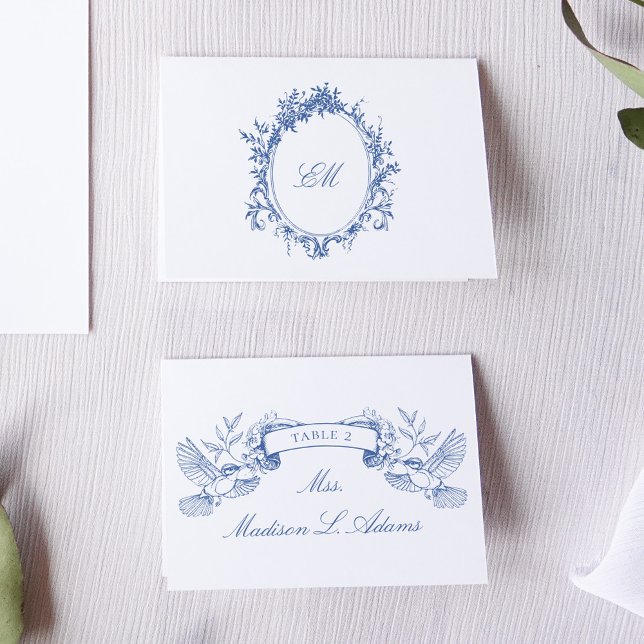 Mesa Tarjeta de nombre plegable Chinoiserie Classic Blu (Blue victorian birds and flower frames for a chinoiserie inspired wedding stationery suite)
