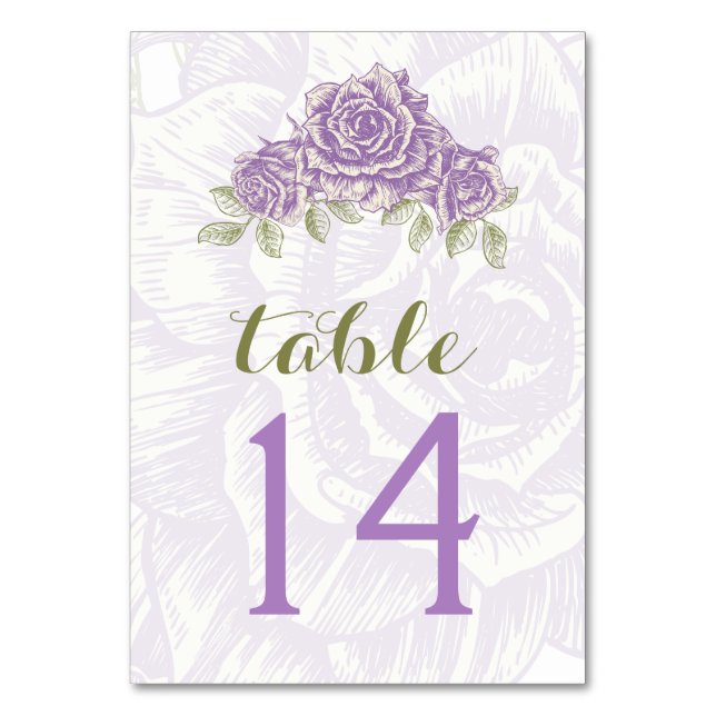 Mesa Tarjeta de número de tabla boda de rosas púrpura d (Anverso)