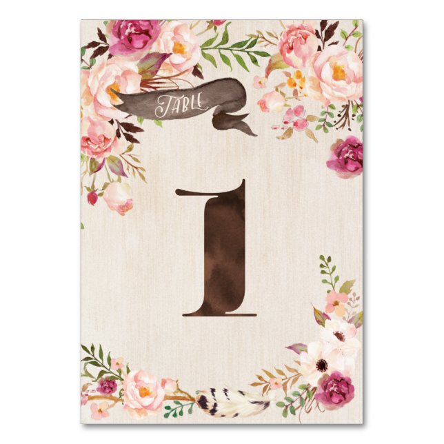 Mesa Tarjeta de número de tabla Boho Floral Rustic Boda (Anverso)