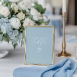 Mesa Tarjeta de número de tabla de Boda azul y azul tur<br><div class="desc">Fije el tono para su elegante celebración costera con esta minimalista tarjeta de número de mesa de la colección Moda costera. Con un suave guión azul polvoriento sobre un fondo blanco limpio, aporta una sofisticación sin esfuerzo a su hueco de tablero boda. Perfecto para bodas en la playa, recintos costeros...</div>