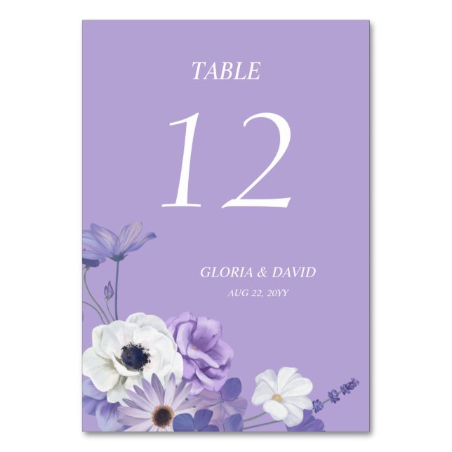 Mesa Tarjeta de número de tabla de Boda morado (Anverso)