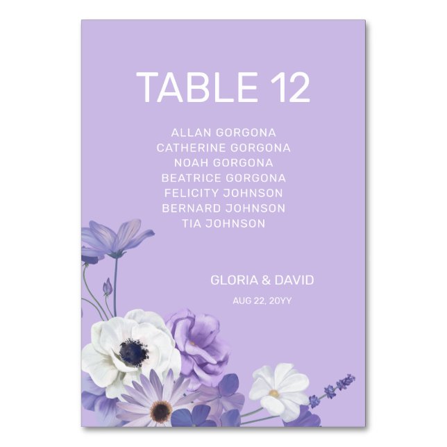 Mesa Tarjeta de número de tabla de Boda morado (Anverso)