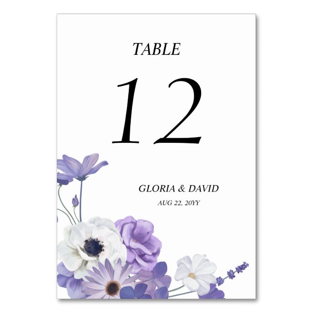 Mesa Tarjeta de número de tabla de Boda morado (Anverso)