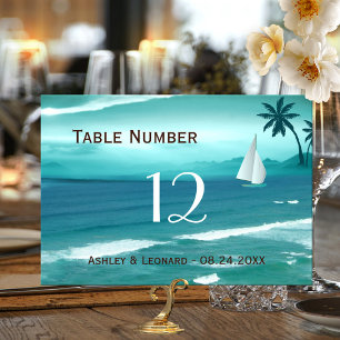 Mesa Tarjeta de número de tabla de bodas de playa tropi
