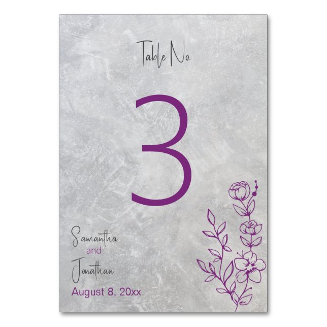 Mesa Tarjeta de número de tabla de concreto gris y Boda (Anverso)