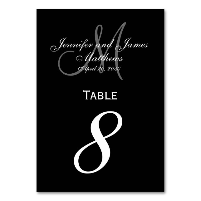 Mesa Tarjeta de número de tabla de monograma gris negro (Anverso)
