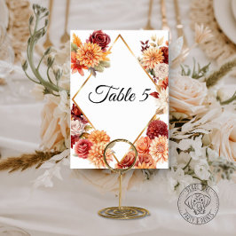Mesa Tarjeta de número de tabla del Boda floral otoñal