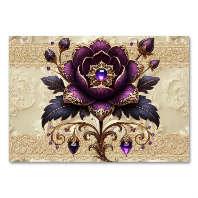 Mesa Tarjeta de número de tabla floral con joyas púrpur (Anverso)