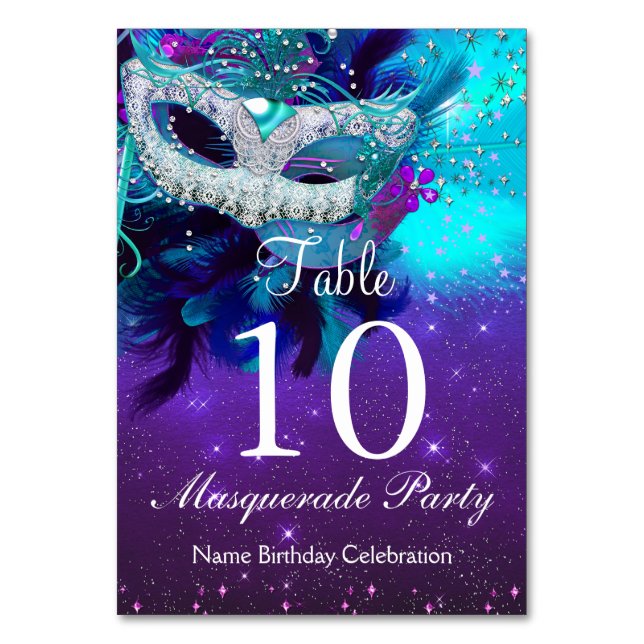 Mesa Tarjeta de número de tabla Máscara de plumas púrpu (Anverso)