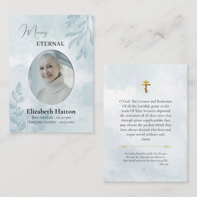 Mesa Tarjeta de oración fúnebre ortodoxa con hojas azul (Anverso / Reverso)