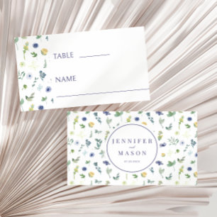 Mesa Tarjeta de plaza plana con boda floral azul amaril