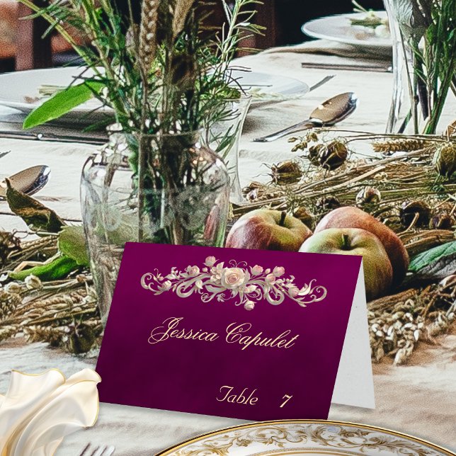 Mesa Tarjeta de Plum Rose Scroll & Monograma de Corazón (Subido por el creador)