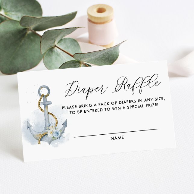 Mesa Tarjeta de rifa de pañales náuticos con ancla flor (Nautical diaper raffle card featuring watercolor floral anchor with blue and white flowers. )
