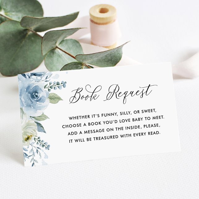 Mesa Tarjeta de solicitud de libro de bebé náutico con  (Nautical book request card featuring watercolor floral anchor with blue and white flowers. )