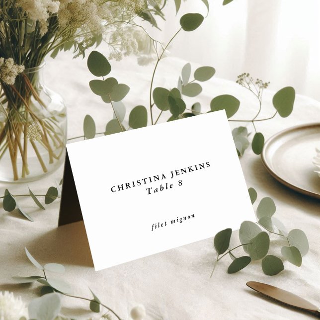 Mesa Tarjeta de tabla de nombres de invitado de Persona (Wedding Black & White Custom Guest Name Table Card Name & Meal Choice Side 1)