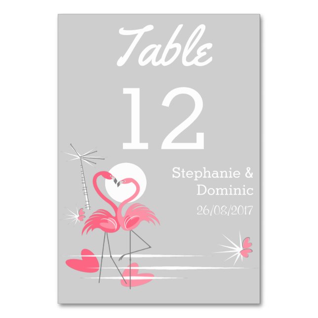 Mesa Tarjeta de tabla Flamingo Love Side Names Date (Anverso)
