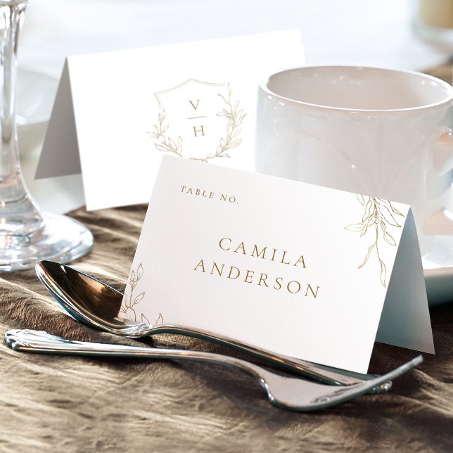 Mesa Tarjeta monograma escudo botánico simple de oro (Gold simple botanical crest monogram place card)