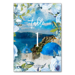 Mesa tarjeta número de tabla boda floral azul Santorini