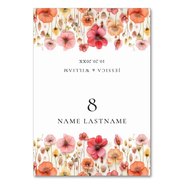 Mesa Tarjeta Retro Pastel Boho Boda de flores silvestre (Anverso)