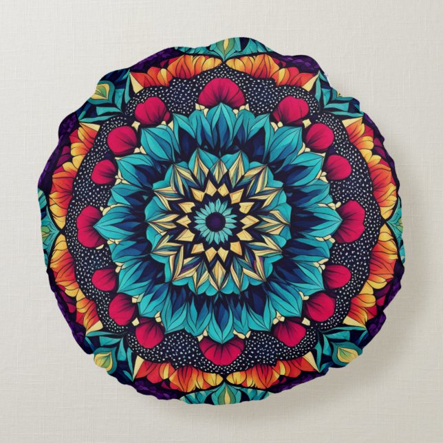 Mesmerizing Jewel Tone Kaleidoscope Almohada redon (Reverso)