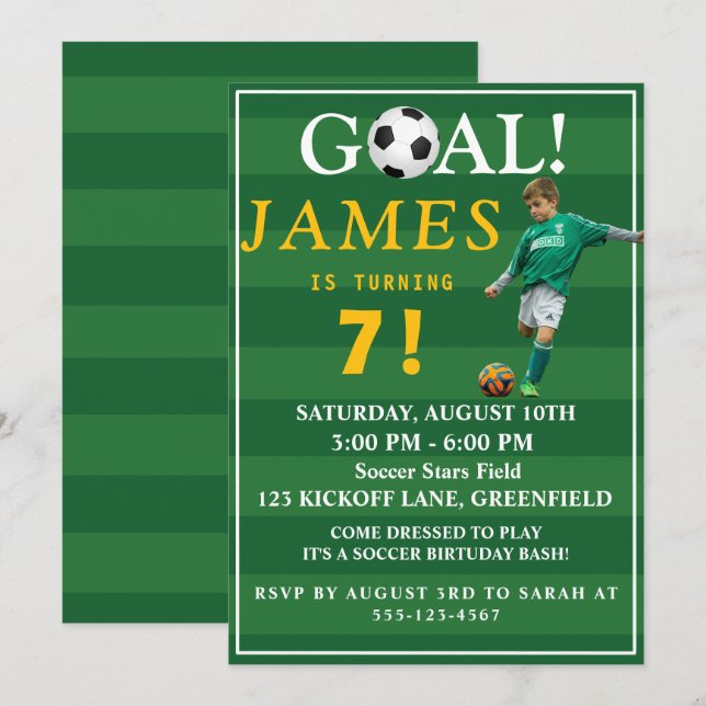 ¡Meta! Invitación de cumpleaños de fútbol para niñ (Anverso / Reverso)